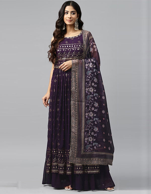 Designer Party Wear Heavy Readymade Gown With Sharara Collection Purple Georgette Sharara Gown Front View